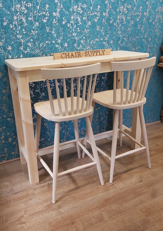 Solid Pine Made to Order Set of High Kitchen Breakfast Bar Table Unit With Matching Nordic Scandinavian Bar Stools Etsy UK