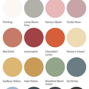 May include: A chart of paint colors with names like Pointing, Lamp Room Gray, Nancy's Blush, Cinder Rose, Red Earth, Incarnadine, Charlotte's Locks, Farrow's Cream, Sudbury Yellow, India Yellow, Breakfast Room Green, De Nimes, Lulworth Blue, Hague Blue, Railings, and Pitch Black.
