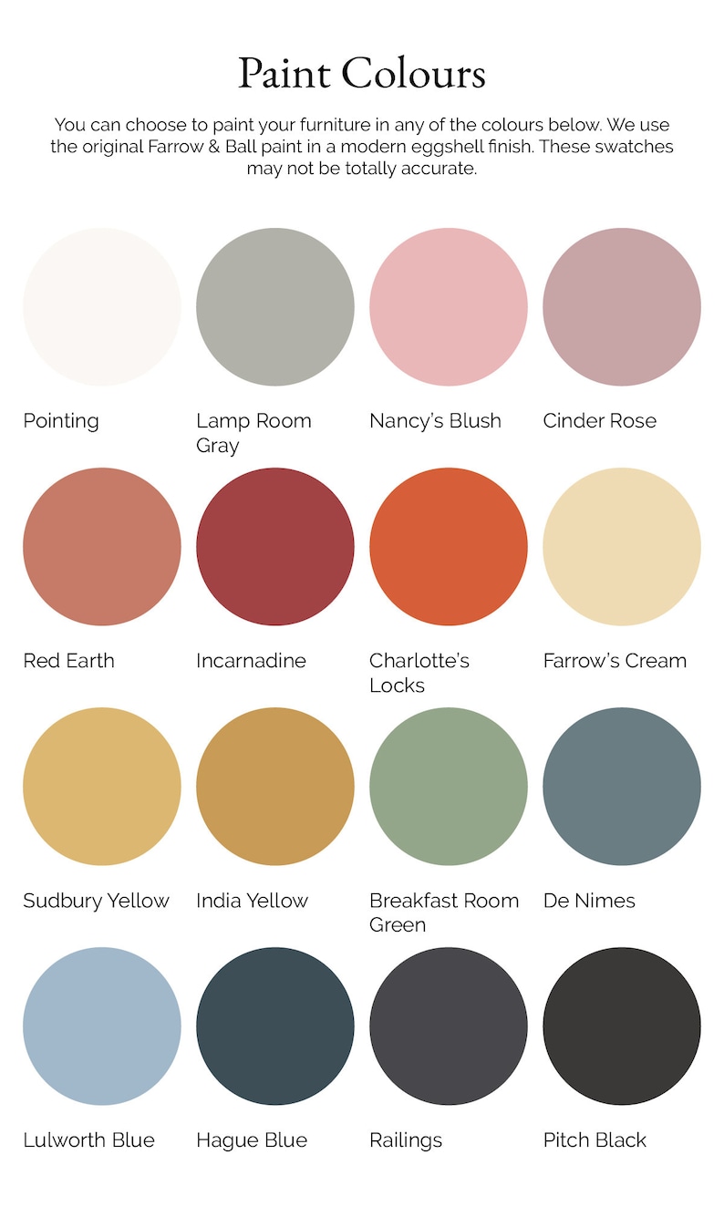 May include: A chart of paint colors with names like Pointing, Lamp Room Gray, Nancy's Blush, Cinder Rose, Red Earth, Incarnadine, Charlotte's Locks, Farrow's Cream, Sudbury Yellow, India Yellow, Breakfast Room Green, De Nimes, Lulworth Blue, Hague Blue, Railings, and Pitch Black.