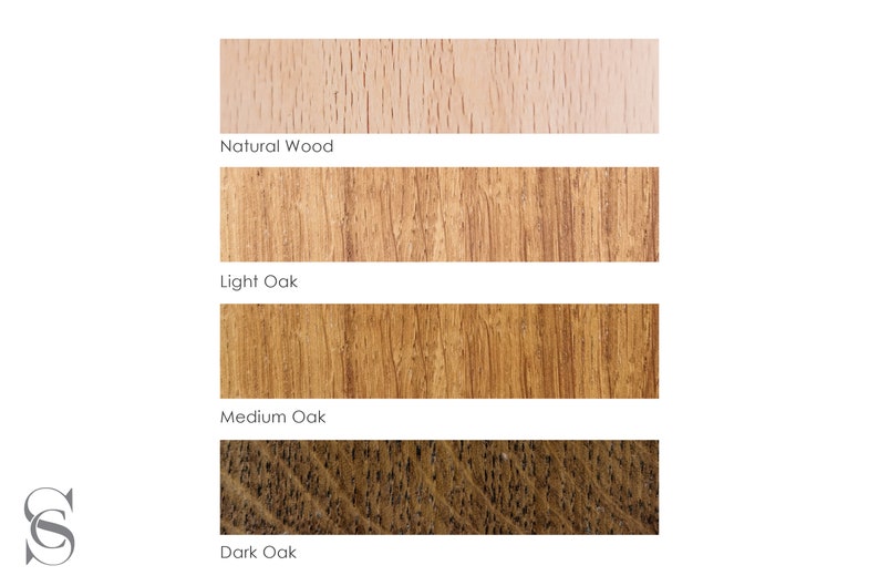 May include: Four wood samples showing different stain colors: Natural Wood, Light Oak, Medium Oak, and Dark Oak.