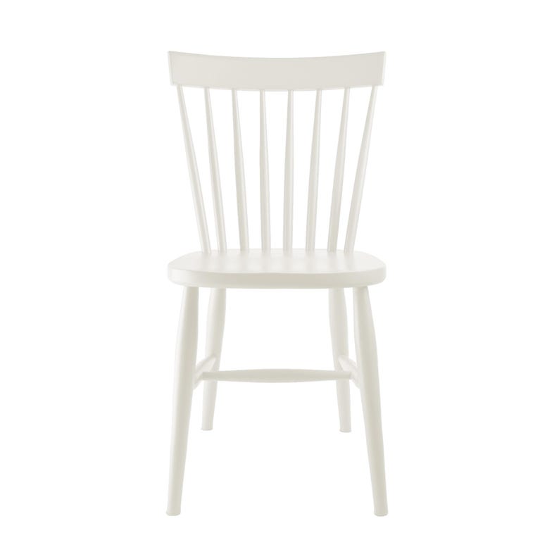 May include: A white wooden chair with a spindle back and a simple design.