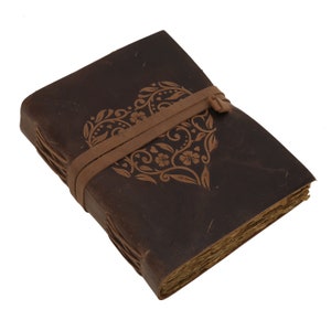 Brown Heart Embossed Antique Journal - Vintage Leather bound Journal - Deckle Paper Leather Sketchbook  Book of Shadows Travel and gift 8x6