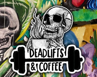 Deadlifts and Coffee Skull, Gym & Fitness Vinyl Sticker | Handmade Waterproof Decal