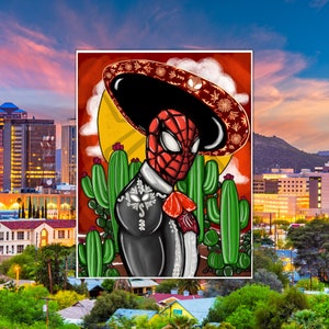 May include: A digital illustration of a superhero wearing a red and black costume with a sombrero and a traditional Mexican serape. The background is a sunset with cacti and a cityscape.