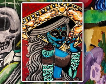 Arizona Mariachi Woman, Calavera Art Vinyl Sticker | Handmade Waterproof Decal