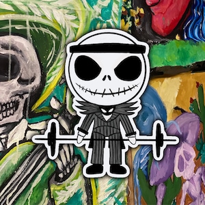 May include: A black and white illustration of a cartoon character lifting a barbell. The character is wearing a black headband and a striped suit. The character has a stitched mouth and a black and white striped suit.