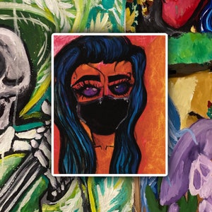 May include: A painting of a woman with long blue hair wearing a black face mask. Her eyes are purple and she has a red and orange background.