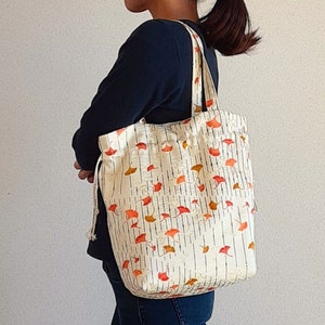 Handmade drawstring tote bag made from vintage Japanese kimono, Ginkgo pattern