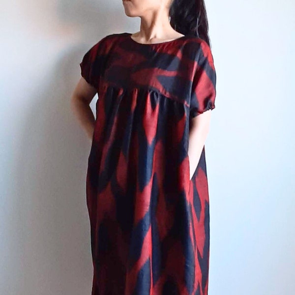 Gathered dress, Upcycled Japanese antique tsumugi silk kimono, black and red Yabane arrows, kimono fabric dress