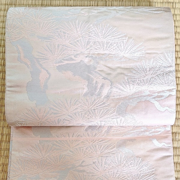 Japanese vintage obi, light pink and silver, Pine trees designed