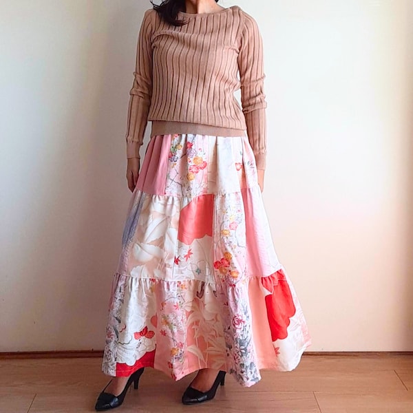 Japanese vintage kimono Patchworked Tiered Skirt, Pink, One of a kind, Slow fashion
