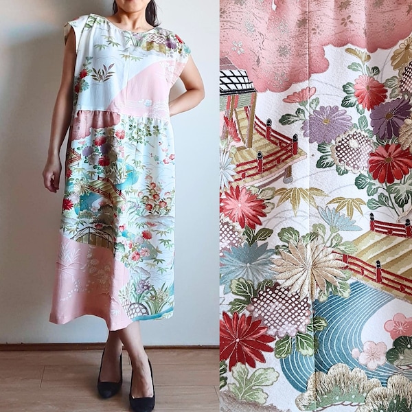 Japanese kimono dress, Upcycled antique kimono, Houmongi, beautiful embroidered kimono, Pink and white