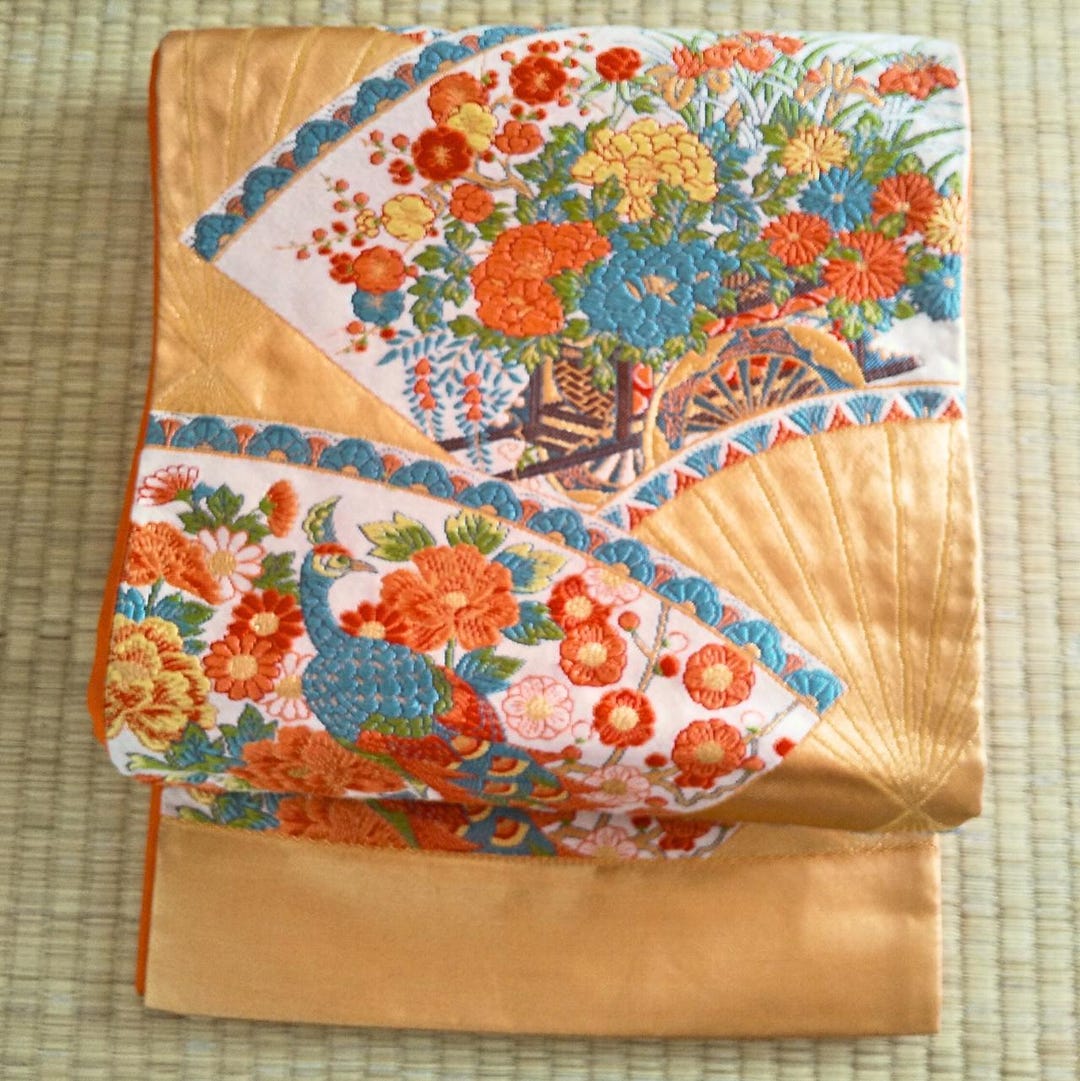 Japanese Vintage Silk Obi, Sash Belt for Kimono, -orange, Peacock on ...