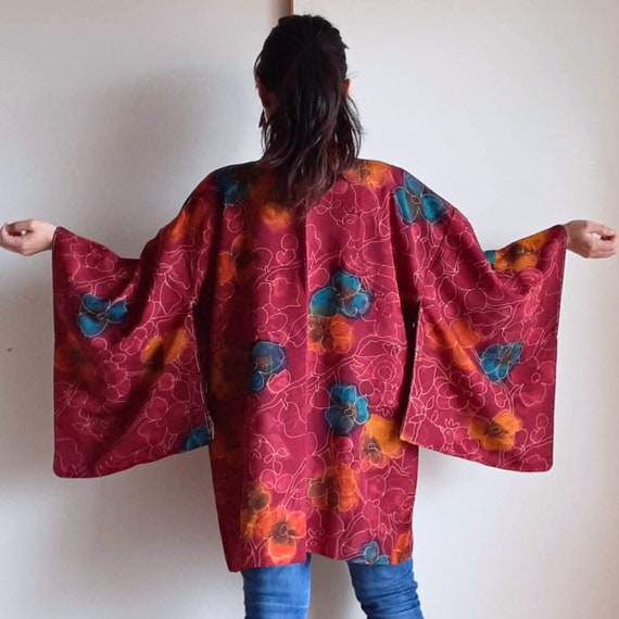 Japanese vintage kimono jacket, Haori, Dark red, … - image 3