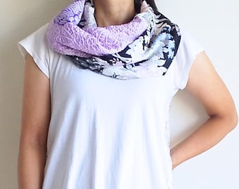 Vintage Kimono infinity scarf, Japanese kimono scarf, Shibori, black komon kimono, Peacocks, flowers