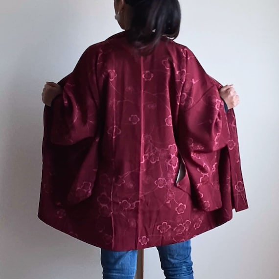 Japanese vintage kimono jacket Haori, Burgundy re… - image 5