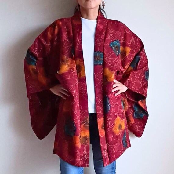 Japanese Vintage Kimono Jacket Haori Dark Red Floral and Chicken Etsy Canada