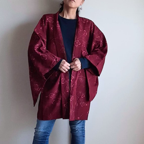 Japanese vintage kimono jacket Haori, Burgundy re… - image 1