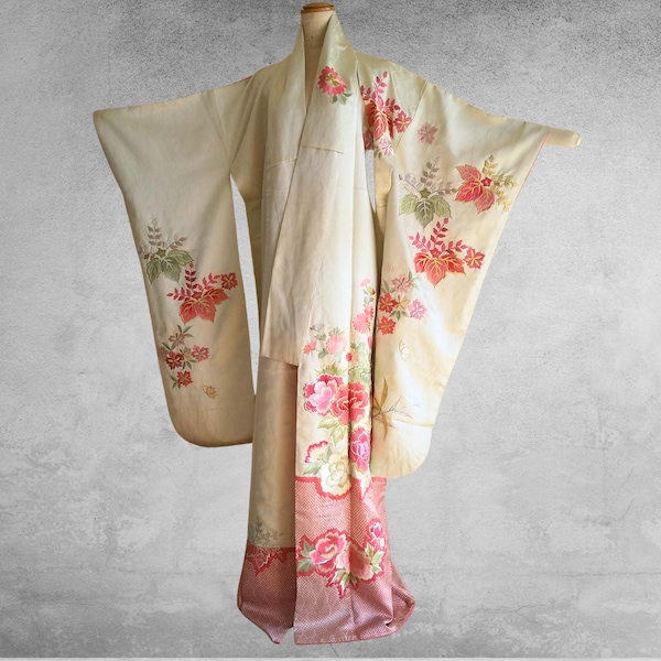 Japanese vintage kimono, silk, furisode, embroidered kimono, pink, floral, with stains, craft material, as is