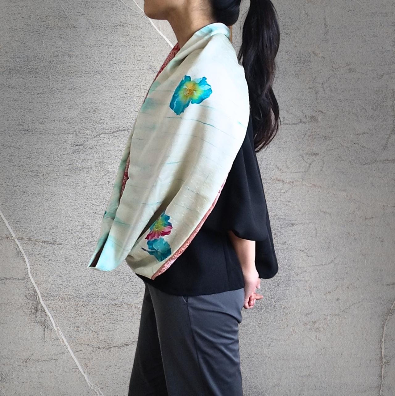 Japanese kimono infinity scarf, Upcycled silk kimono, Shibori, Pink, light blue