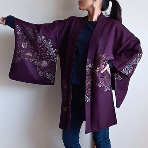 Japanese authentic kimono jacket haori, purple haori, metallic flowers