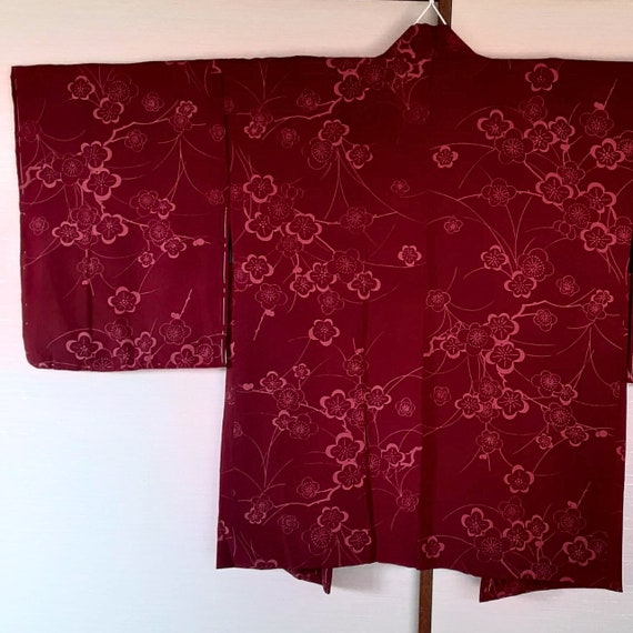 Japanese vintage kimono jacket Haori, Burgundy re… - image 10