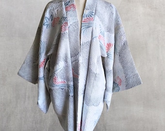 Vintage Japanese kimono jacket, Haori, Shibori silk, Tie-dyed, light blue, gray
