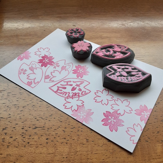 Set of 4 Cherry Blossom Stamps Custom Japanese Name Stamps 