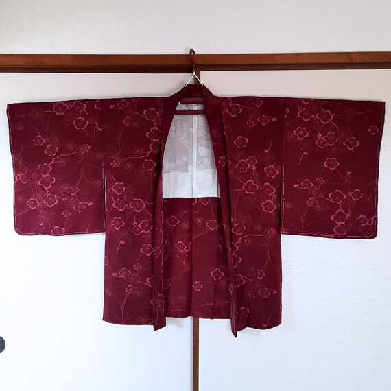 Japanese vintage kimono jacket Haori, Burgundy re… - image 9