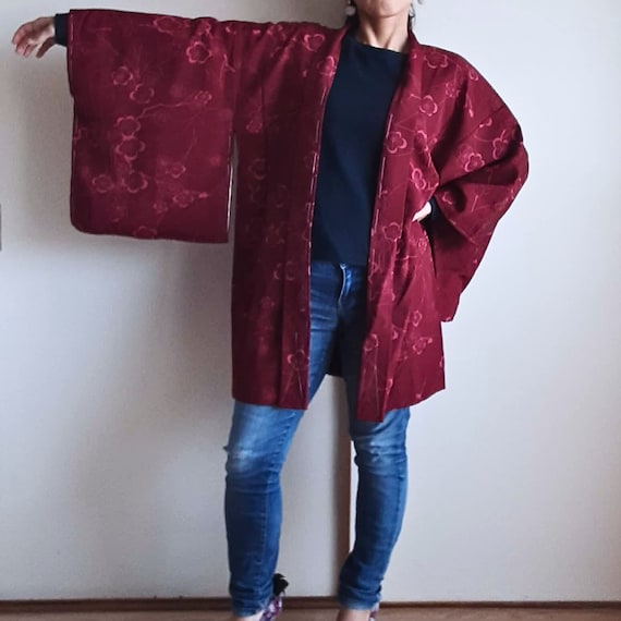 Japanese vintage kimono jacket Haori, Burgundy re… - image 4