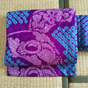 Antique nagoya obi, kimono obi, Sash belt for Japanese kimono, Shibori dye, purple and light blue