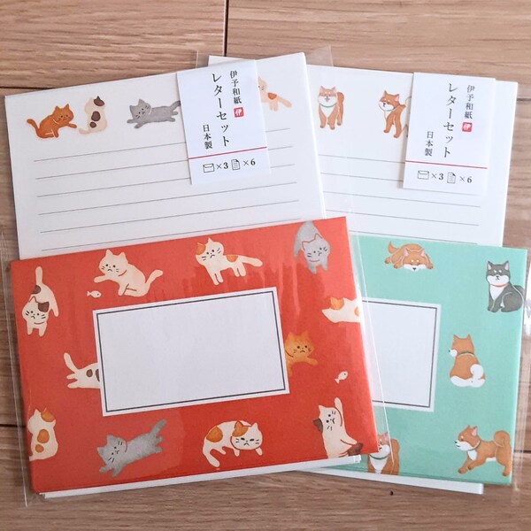 Set of 2 Japanese washi letter writing sets, Cats and dogs