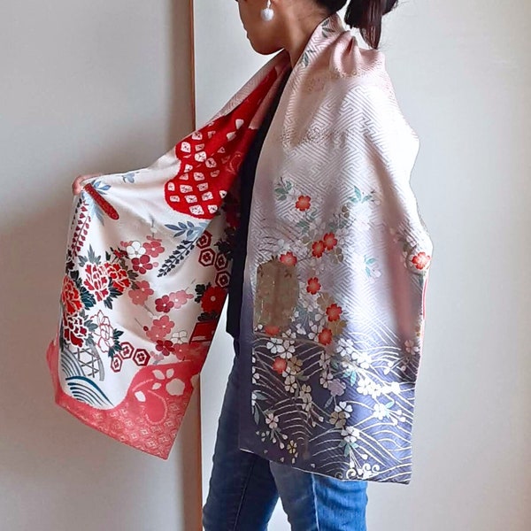 Vintage kimono stole, Upcycled furisode kimono, reversible scarf Cherry blossoms, Shibori