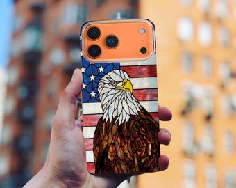 American Flag Stained Glass Phone Case for iPhone 18 17 16 15 Pro Max, Patriotic Bald Eagle Cover, USA Flag Glass Case