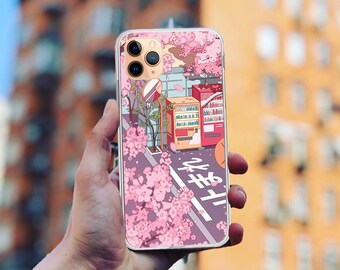 Funda para iPhone con diseño de cerezo en flor: TPU transparente, temática de amor