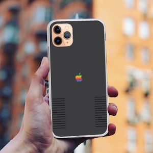 Custodia per iPhone con logo Apple retrò: TPU trasparente, decalcomania arcobaleno
