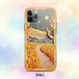 Op de afbeelding: Een telefoonhoesje met een Japans landschapsontwerp. Het ontwerp toont een pad dat door een veld met geel gras loopt, met bergen op de achtergrond. Het telefoonhoesje is transparant en heeft een zwarte rand.