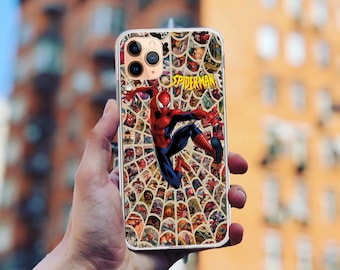 Funda transparente con collage de cómics de Spider-Man para iPhone, Samsung y Pixel.