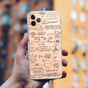 May include: A white iPhone case with a black and white design of mathematical equations, formulas, and symbols. The case has a clear back and a black border.