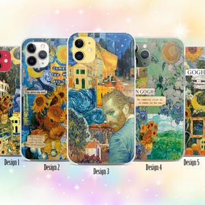 May include: Five different phone case designs featuring a collage of images inspired by Vincent van Gogh's artwork. The designs include sunflowers, starry nights, and portraits of the artist. The text "Some the M", "You pierce my soul", "N Gogh", "Ditando for the stars", and "GOGH" are visible on the cases.