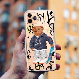 Clear TPU Phone Case: Teddy Bear Skateboard Design