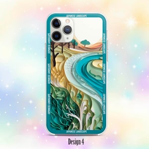 Op de afbeelding: Een telefoonhoesje met een Japans landschapsontwerp. Het ontwerp bevat een blauwe rivier, groene bomen en witte bergen. Het hoesje is transparant en heeft een witte rand.