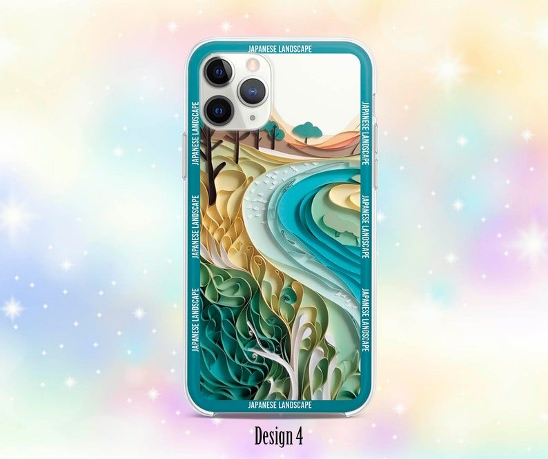 Op de afbeelding: Een telefoonhoesje met een Japans landschapsontwerp. Het ontwerp bevat een blauwe rivier, groene bomen en witte bergen. Het hoesje is transparant en heeft een witte rand.