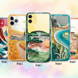 Op de afbeelding: Vijf verschillende telefoonhoesontwerpen met Japanse landschappen in een papiersnijkunst-stijl. Elk ontwerp toont een andere sc&egrave;ne, waaronder bergen, een rivier en een bloemenveld.