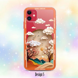 Op de afbeelding: Een transparante telefoonhoes met een kleurrijk Japans landschapsontwerp. Het ontwerp bevat een berg, bomen, wolken en een zon. De tekst "JAPANESE LANDSCAPE" wordt herhaald rond de rand van het ontwerp.
