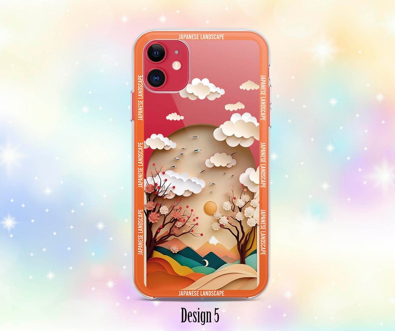 Op de afbeelding: Een transparante telefoonhoes met een kleurrijk Japans landschapsontwerp. Het ontwerp bevat een berg, bomen, wolken en een zon. De tekst "JAPANESE LANDSCAPE" wordt herhaald rond de rand van het ontwerp.