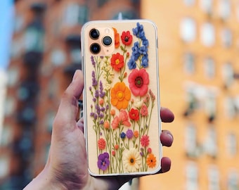 Embroidered Flower iPhone Case: Clear TPU, Wireless Charging