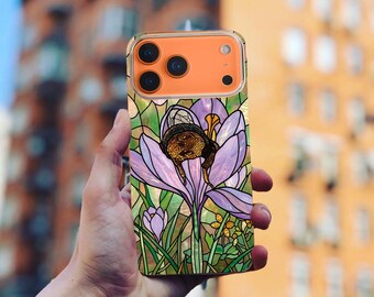 Bumblebee Stained Glass Phone Case, Purple Crocus Flower Cover for iPhone 17 16 15 Pro Max, Mosaic Style Bee Case