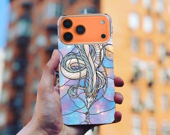 Stained Glass Dragon Phone Case for iPhone 17, 16 15 Pro Max, White Dragon Cover, Anime Fantasy Aesthetic Clear Case