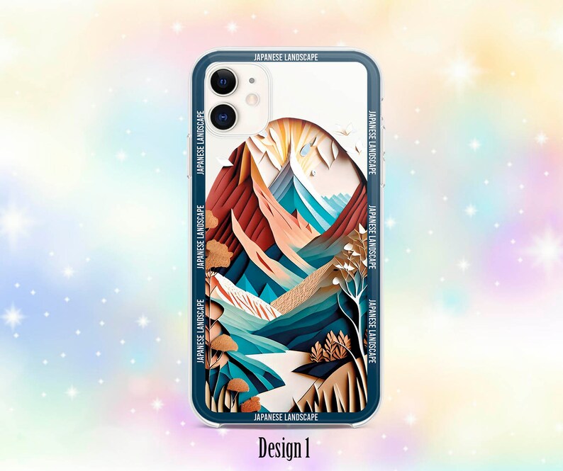Op de afbeelding: Een telefoonhoesje met een witte achtergrond en een kleurrijk papier-uitgesneden ontwerp van een Japans berglandschap. Het ontwerp bevat tinten blauw, groen, bruin en oranje. De tekst "JAPANESE LANDSCAPE" wordt herhaald rond de rand van het hoesje.